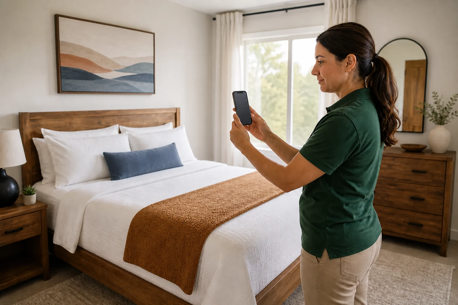 Hospitality cleaner photographing a completed bedroom during a final turnover inspection