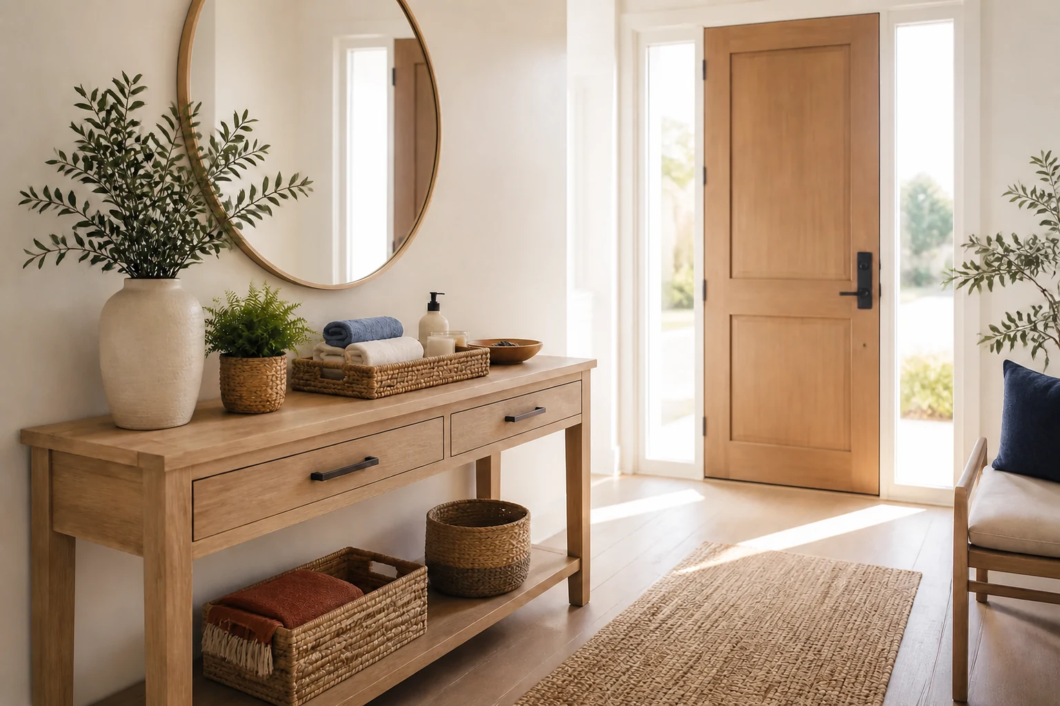 Warm and tidy short-term rental entryway prepared to welcome arriving guests