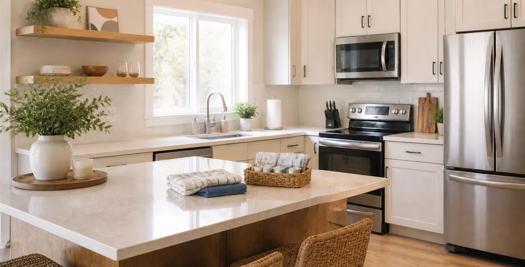 Bright short-term rental kitchen prepared with spotless counters and neatly arranged guest essentials