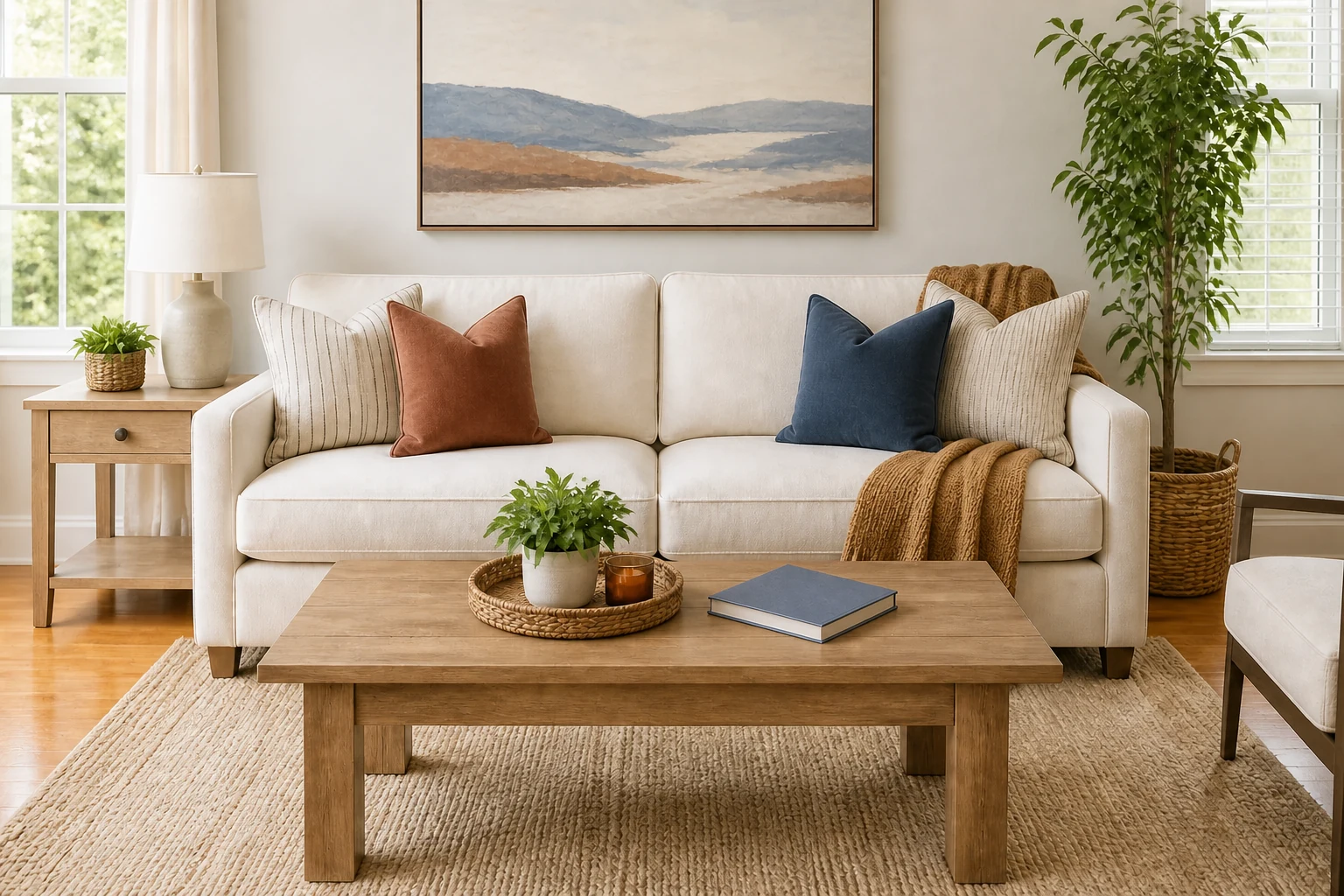 Comfortable short-term rental living room carefully reset with clean surfaces and arranged cushions