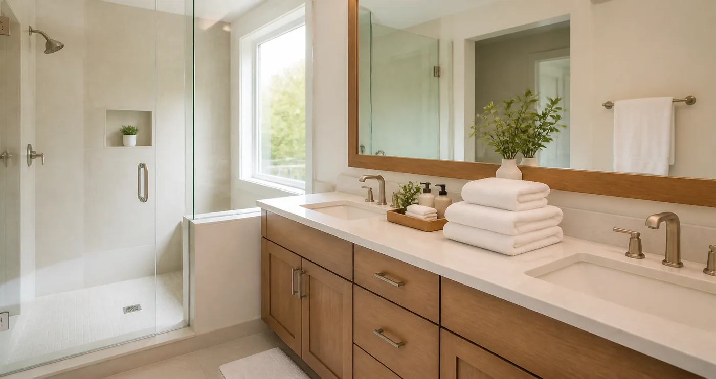 Spotless short-term rental bathroom with streak-free glass and fresh folded towels