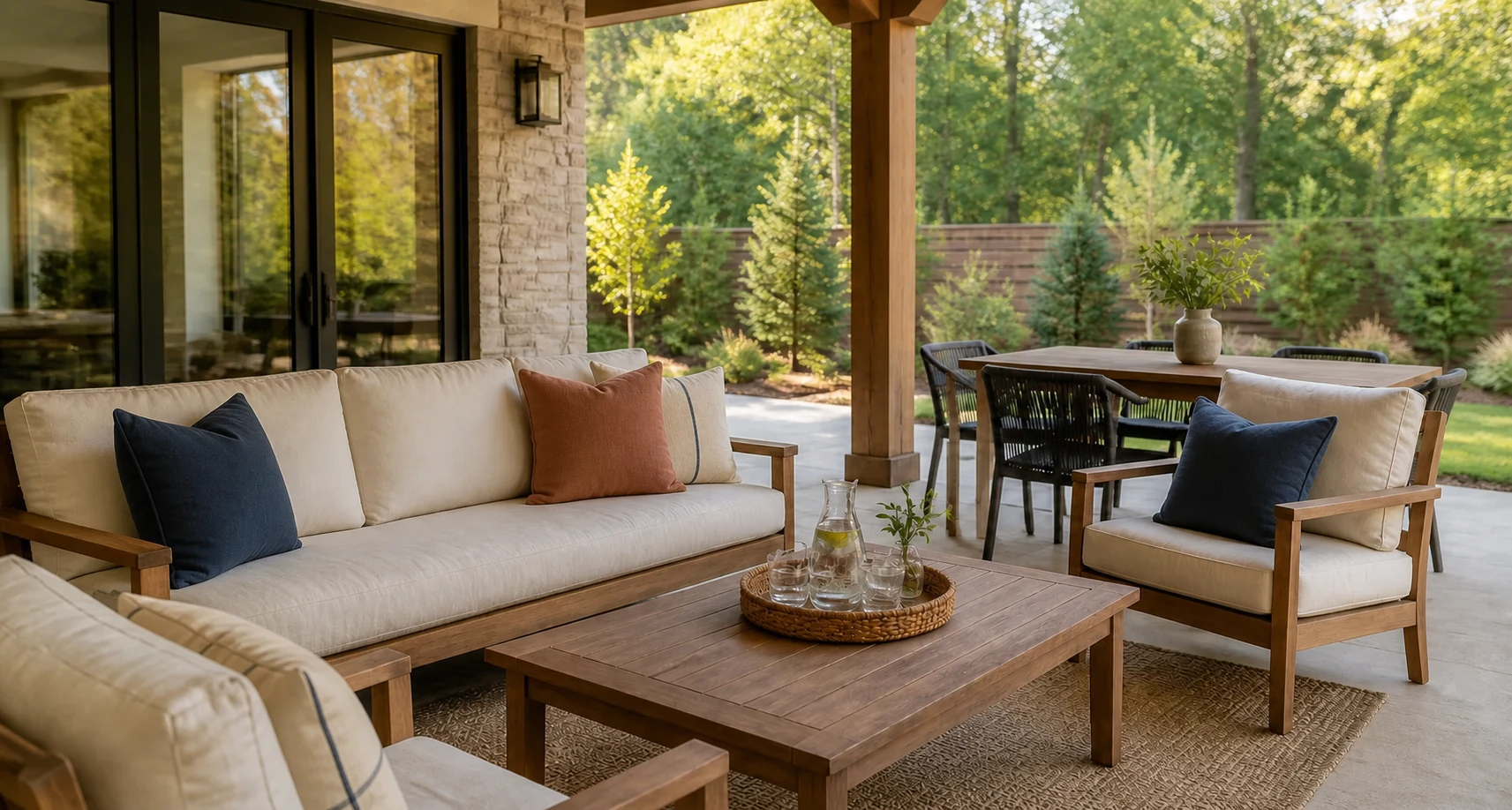 Clean and inviting short-term rental patio with neatly arranged outdoor furniture