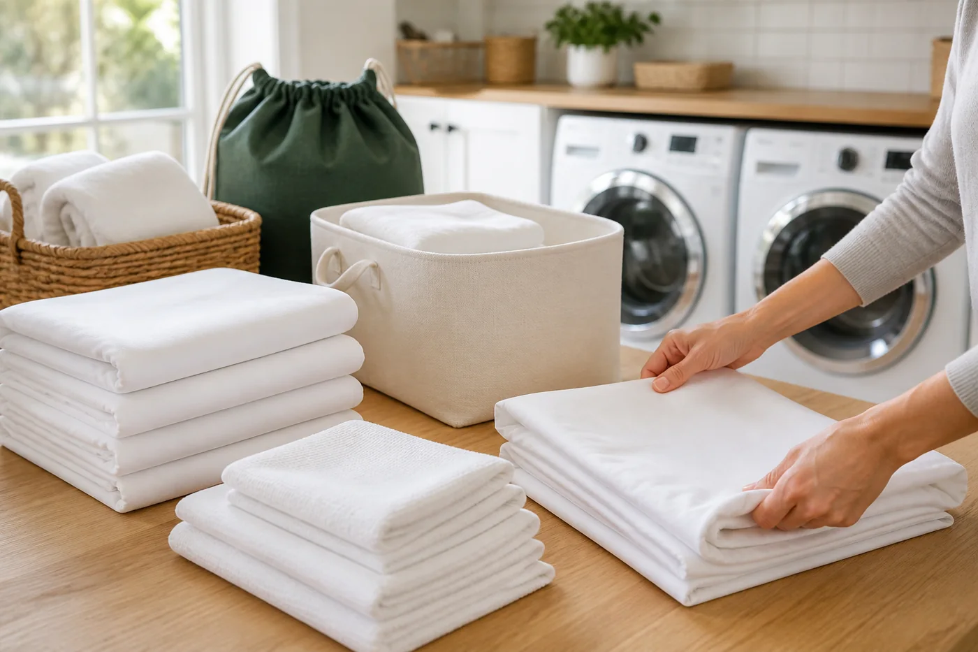 Fresh white sheets and towels being carefully folded and organized for a short-term rental