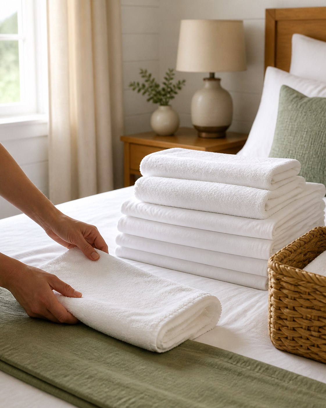 Fresh sheets and towels organized for turnover linen care